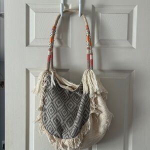 Boho Fringe Shoulder Bag in Cream and Gray